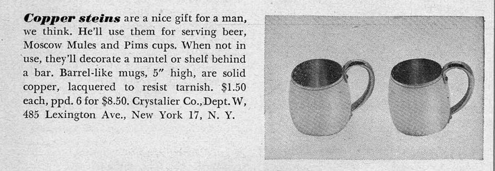 Storia del Moscow Mule. Le tazze in rame, in questa foto pubblicitaria, vengono usate anche per il Pimm's Cup.