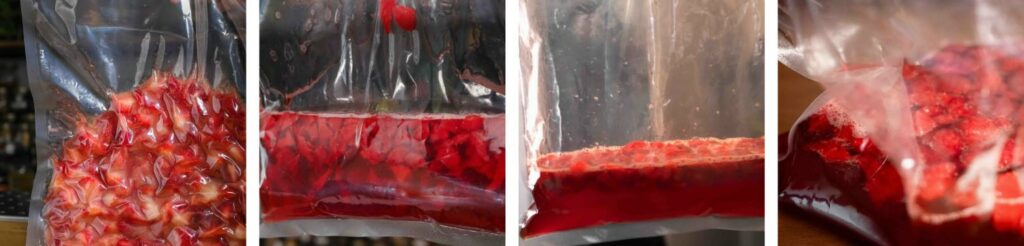 4 immagini dei vari stadi dell'inizio fermentazione delle fragole con metodo osmosi.