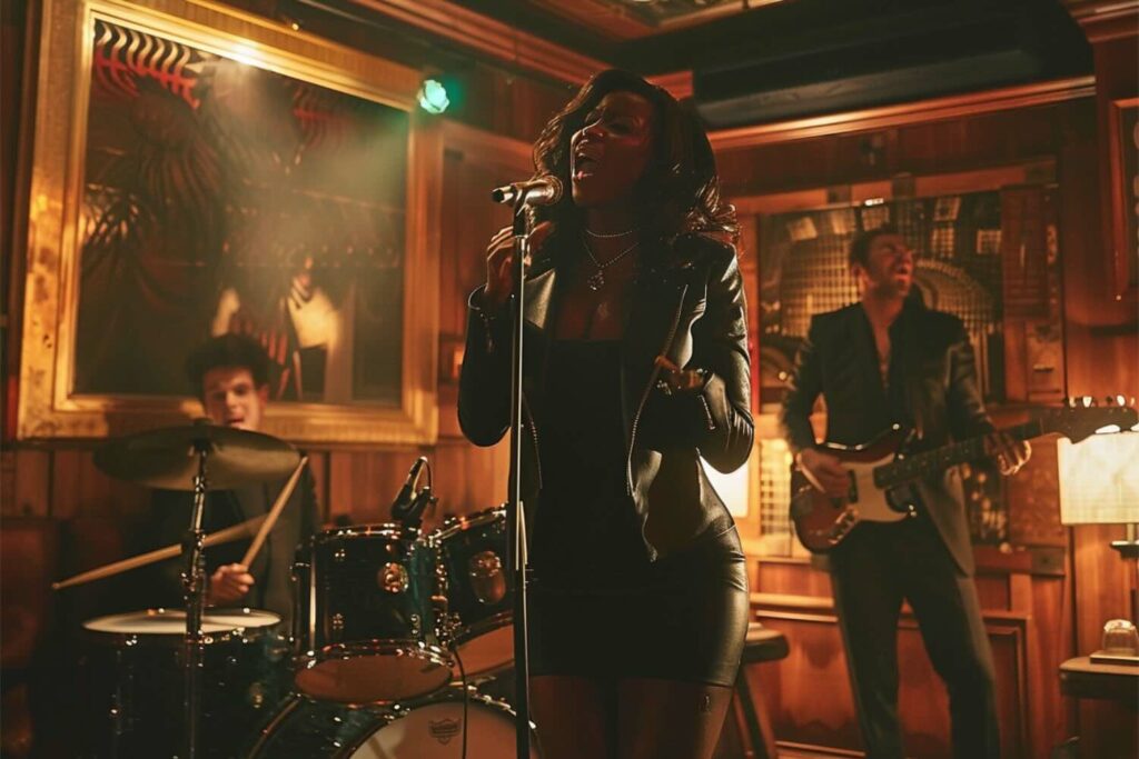 un'immagine generata dall'AI che mostra una cantante che si esibisce in un bar dall'atmosfera retrò. Sullo sfondo, in secondo piano batterista e chitarrista