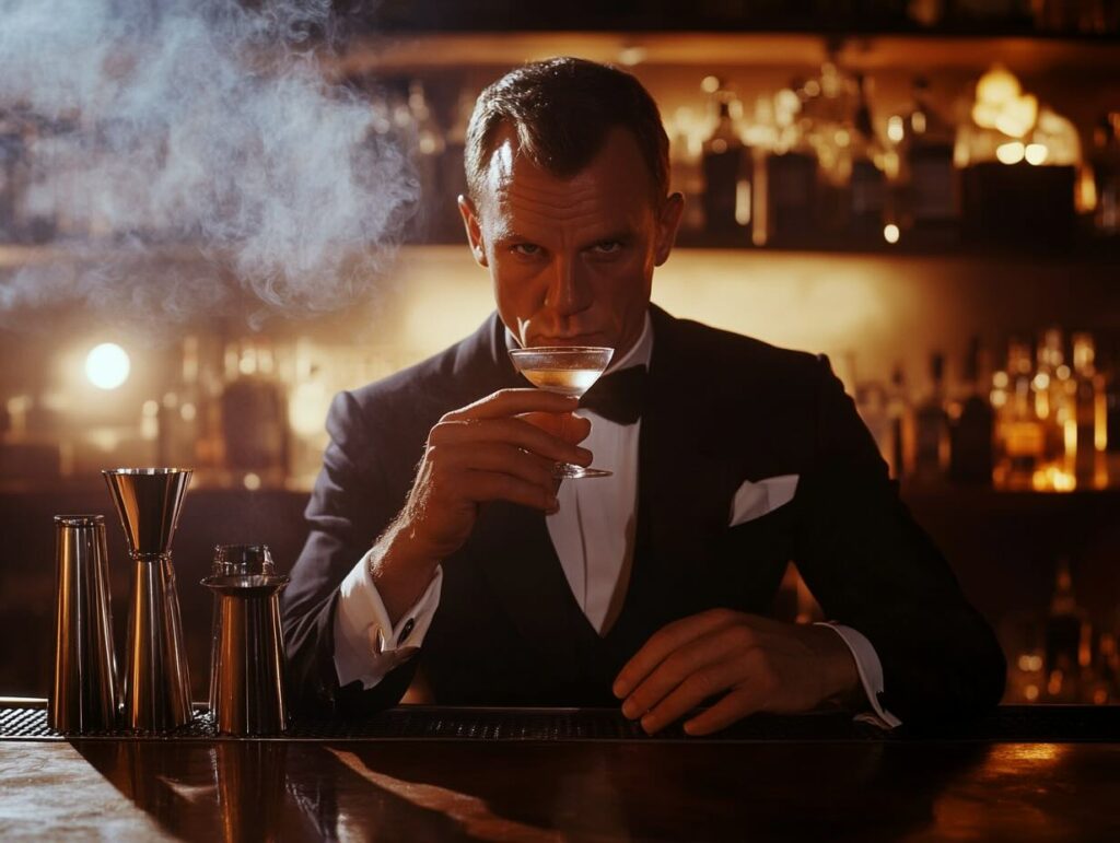 un'immagine fotorealistica generata dalla AI che raffigura un personaggio che ricorda james bond appoggiato al bancone di un bar che porta alla bocca un cocktail martini