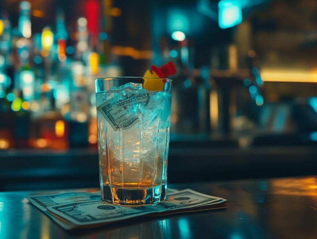 immagine fotorealistica generata dell'AI che mostra un banco bar con sopra un bicchiere da long drink con del ghiaccio e un po' di liquido. All'interno del bicchiere c'è una banconota. Il bicchiere è appoggiato su alcune banconote e sullo sfondo si intravede la bottigliera sfuocata.