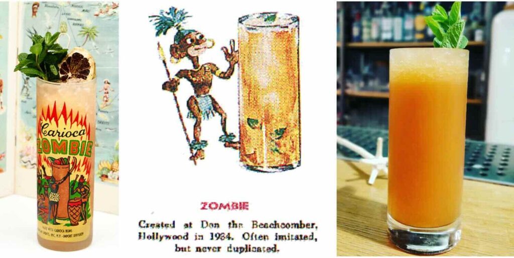 una composizione di 3 immagini. 2 foto e 1 illustrazione. le due foto ritraggono un cocktail zombie, l'illustrazione è un'immagine tratta da un menu tiki e descrive il cocktail zombie.
