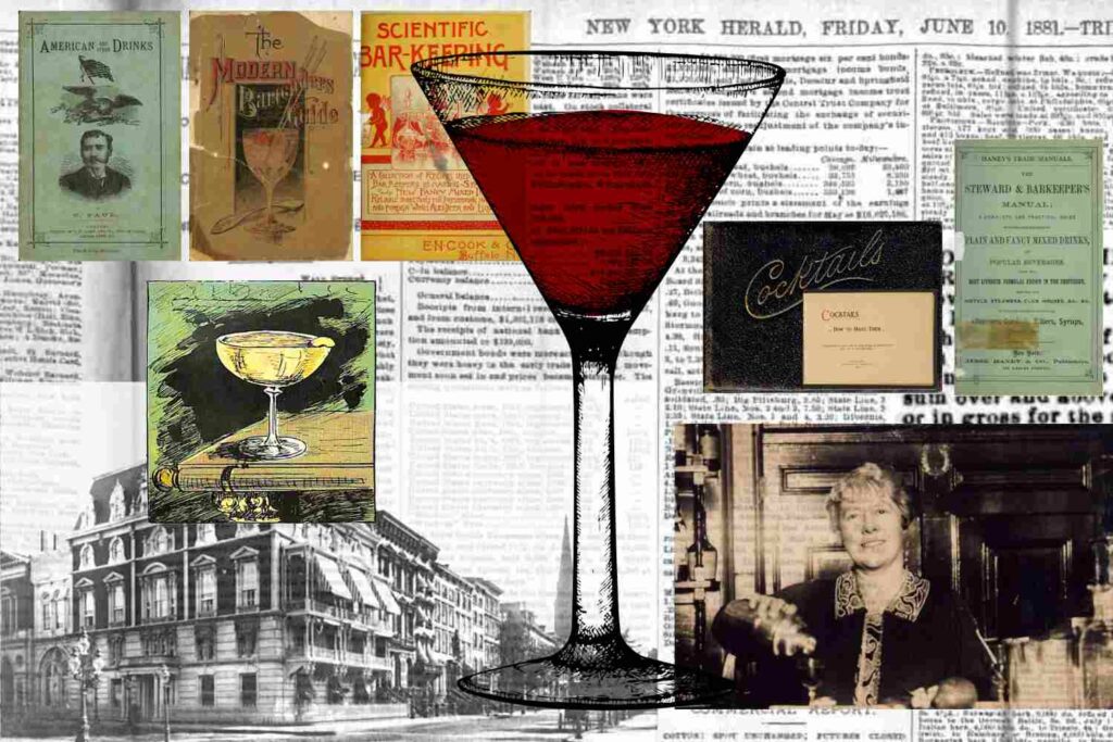 Collage digitale di immagini con copertine di libri di cocktail antichi, una foto di Ada Coleman. In primo piano una coppetta da cocktail stilizzata che contiene un liquido rosso (manhattan cocktail)