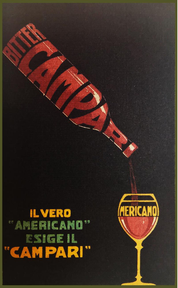 Una vecchia pubblicità della Campari nella quale si legge lo slogan: "il vero americano esige campari"
