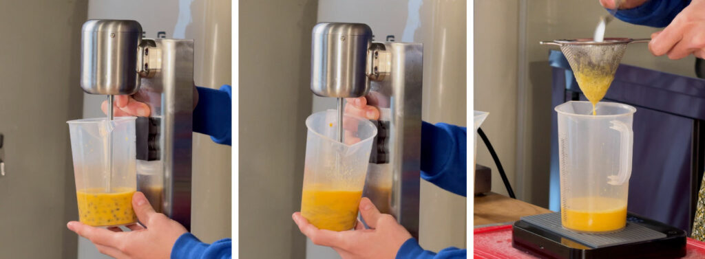 3 foto che ritraggono i passaggi della lavorazione della polpa del frutto della passione con il milkshake mixer. Nell'ultima immagine, la filtrazione per separare i semi dal succo