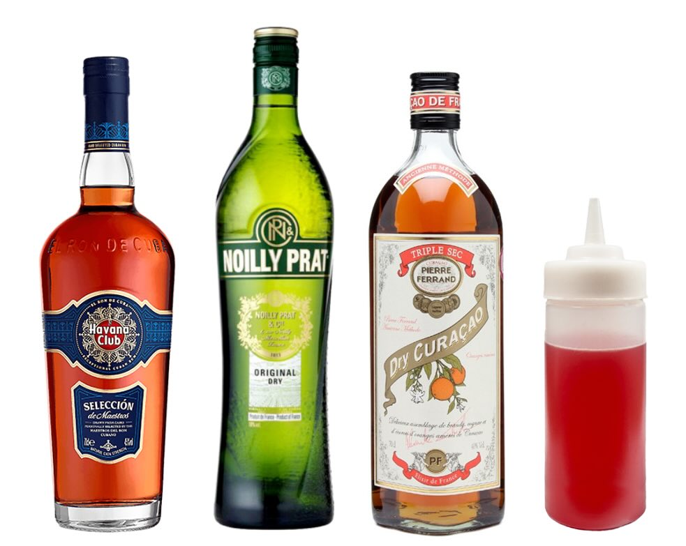 Ingredienti per il cocktail "El Presidente": Rum Havana Club Seleccion de Maestros, Vermouth Dry Noilly Prat, Orange Curaçao Ferrand e Granatina (all'interno di una squeezer)