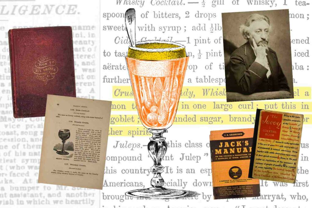 Collage digitale di immagini. al centro un disegno del brandy crusta tratto da un vecchio libro di cocktail. ai lati del disegno alcune copertine di vecchi libri di cocktail e una foto di Joseph Santini
