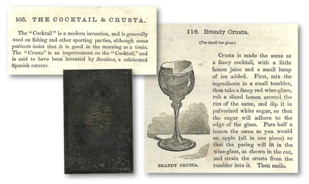 la copertine e alcuni ritagli dello storico libro di Jerry Thomas: How to mix drinks del 1862. Nei ritagli la definizione del