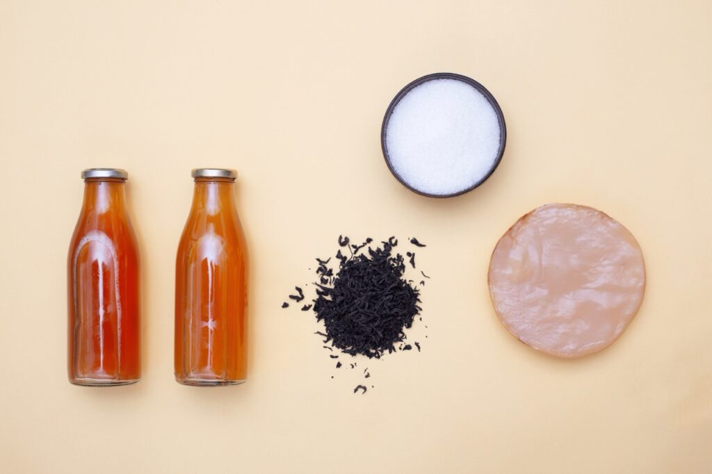 gli ingredienti del kombucha: lo scoby, lo zucchero e il tè