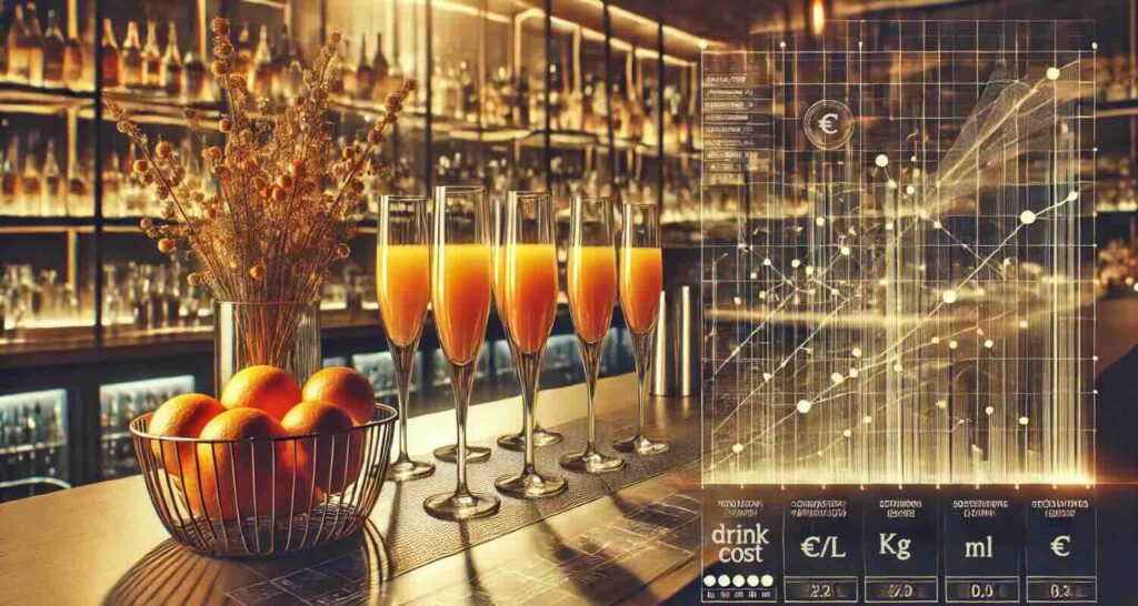 Un'immagine generata dalla AI che rappresenta un moderno e raffinato cocktail bar con un'atmosfera accogliente. Sul banco bar ci sono alcuni calici a flute (riempiti con cocktail mimosa) e un cesto di arance.
L'immagine è sovrapposta da grafici e calcoli che rappresentano il concetto di drink cost.